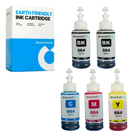 OverstockInk T664 Ink Bottles 5-Pack Compatible for Epson 664 T664 for WorkForce ET-4500 (2 BK, 1 each C, M, Y)