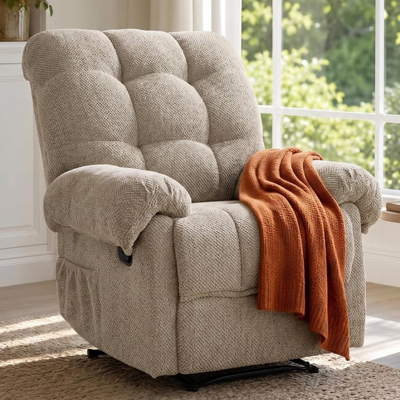 Overstuffed Recliner Chair for Adults, Home Theater Lounge Seating Armchair, Manual Reclining Reading Chair for Small Space Living Room Bedroom, Camel