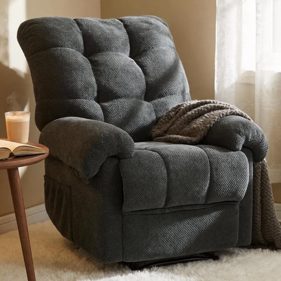 Overstuffed Recliner Chair for Adults, Home Theater Lounge Seating Armchair, Manual Reclining Reading Chair for Small Space Living Room Bedroom, Stone Grey