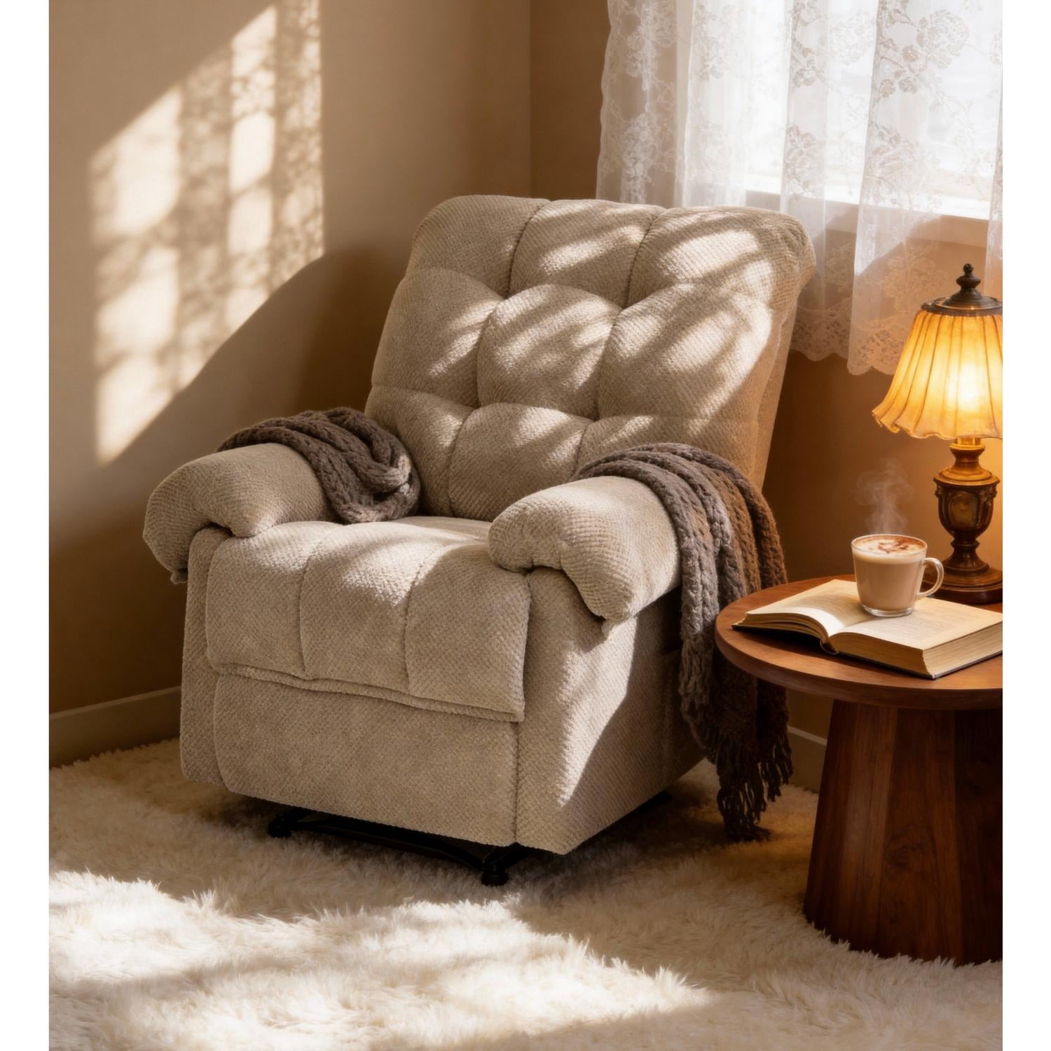 Overstuffed Recliner Chair with Manual Push-Back Recline, Plush Padded Armchair with Footrest, Ergonomic Lounge Chair for Living Room, Home Theater, Camel