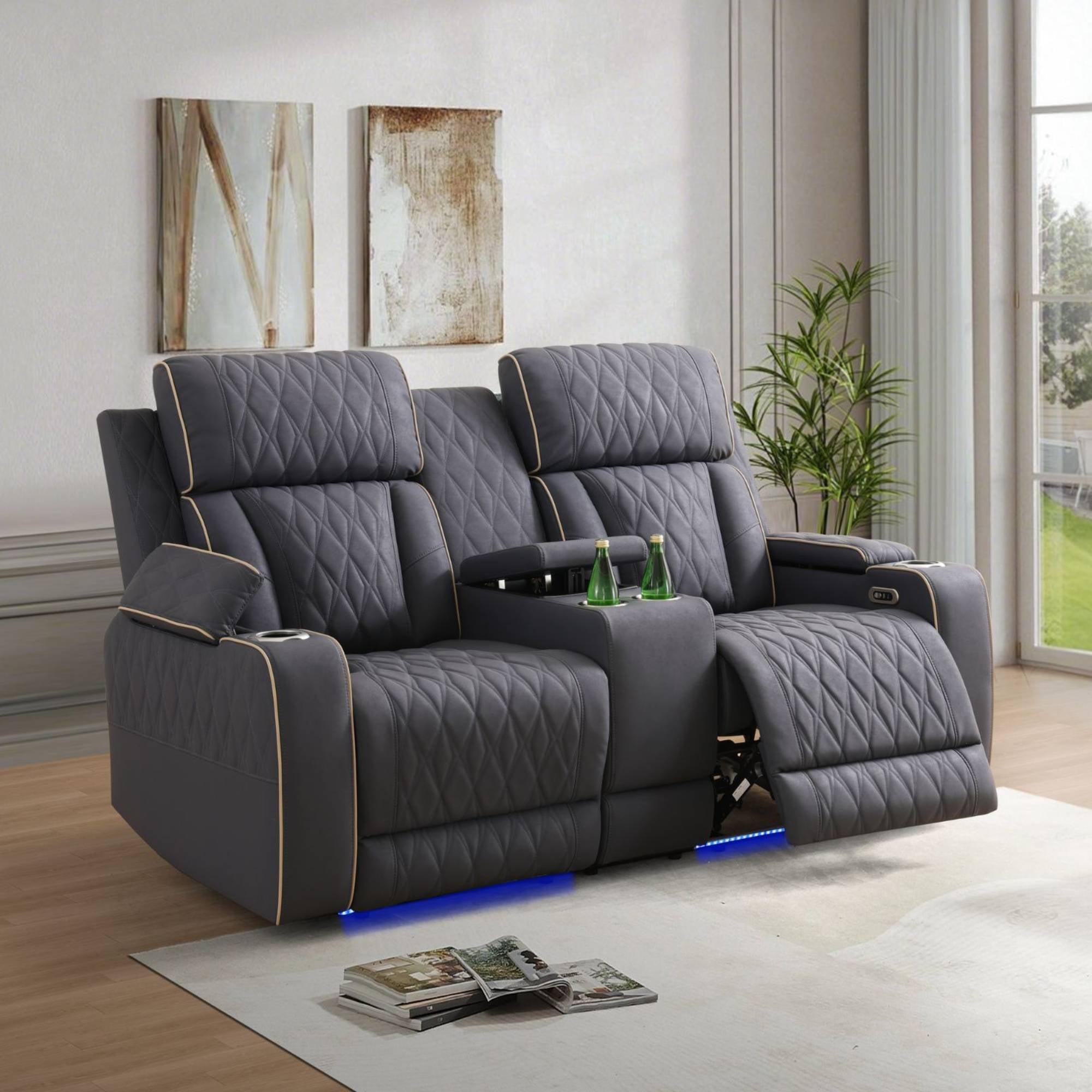 Overstuffed Recliner Loveseat Sets, Power Leather Recliner Chair with LED Light, Reclining Sofa for Living Room, Black