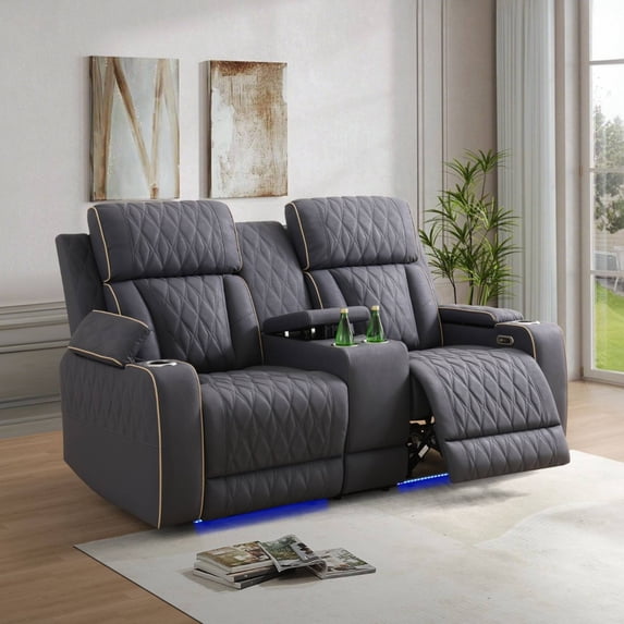 Overstuffed Recliner Loveseat Sets, Power Leather Recliner Chair with LED Light, Reclining Sofa for Living Room, Black