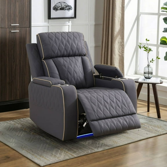 Overstuffed Recliner Sets, Power Leather Recliner Chair with LED Light, Reclining Sofa for Living Room, Black