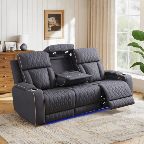 Overstuffed Recliner Sofa Sets, Power Leather Recliner Chair with LED Light, Reclining Sofa for Living Room, Black
