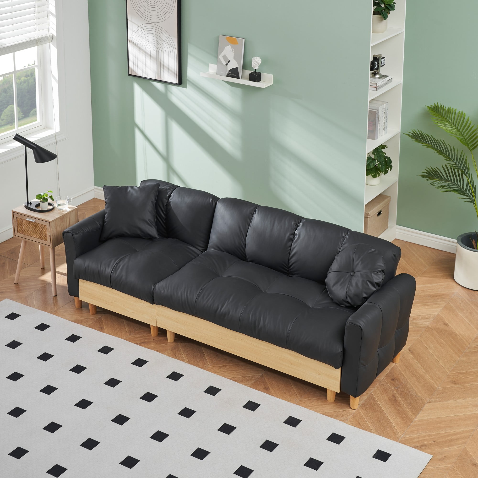 Overstuffed Sofa Couch,3 Seater Tech Cloth Upholstered Convertible Sofa Couches with Drawer and Storage Seatbase,Adjustable Backrests and Pillows, Comfy Couch for Living Room,Black