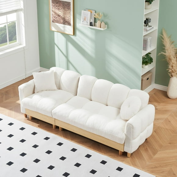 Overstuffed Sofa Couch,3 Seater Teddy Fleece Upholstered Convertible Sofa Couches with Drawer and Storage Seatbase,Adjustable Backrests and Pillows, Comfy Couch for Living Room,Beige