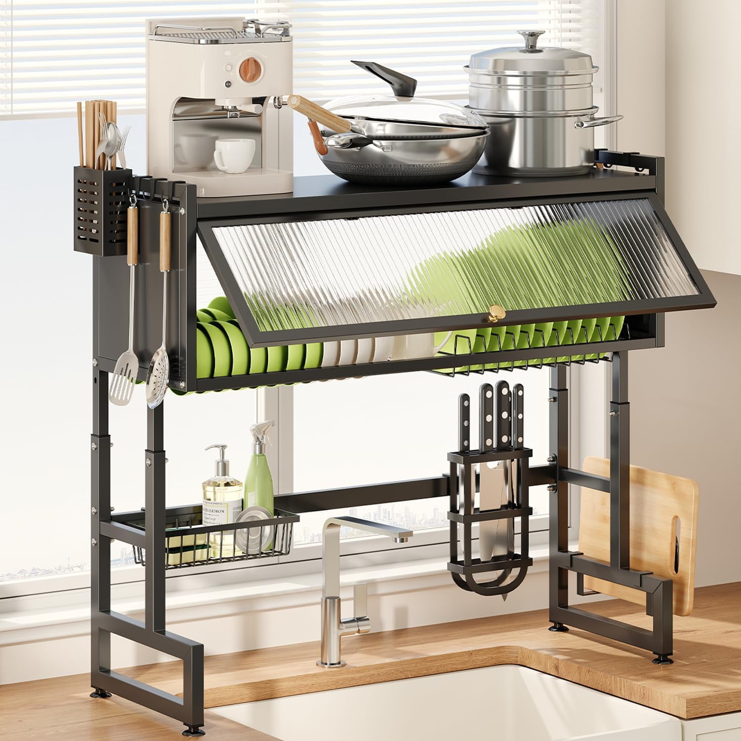 Overthe Sink Dish Rack, Over the Sink Drying Rack with Cover, Dish Drying Rack Over Sink for Bowls and Cutlery, Dish Holder Organizer for Kitchen Counter Storage (Black, 25.6" Length）