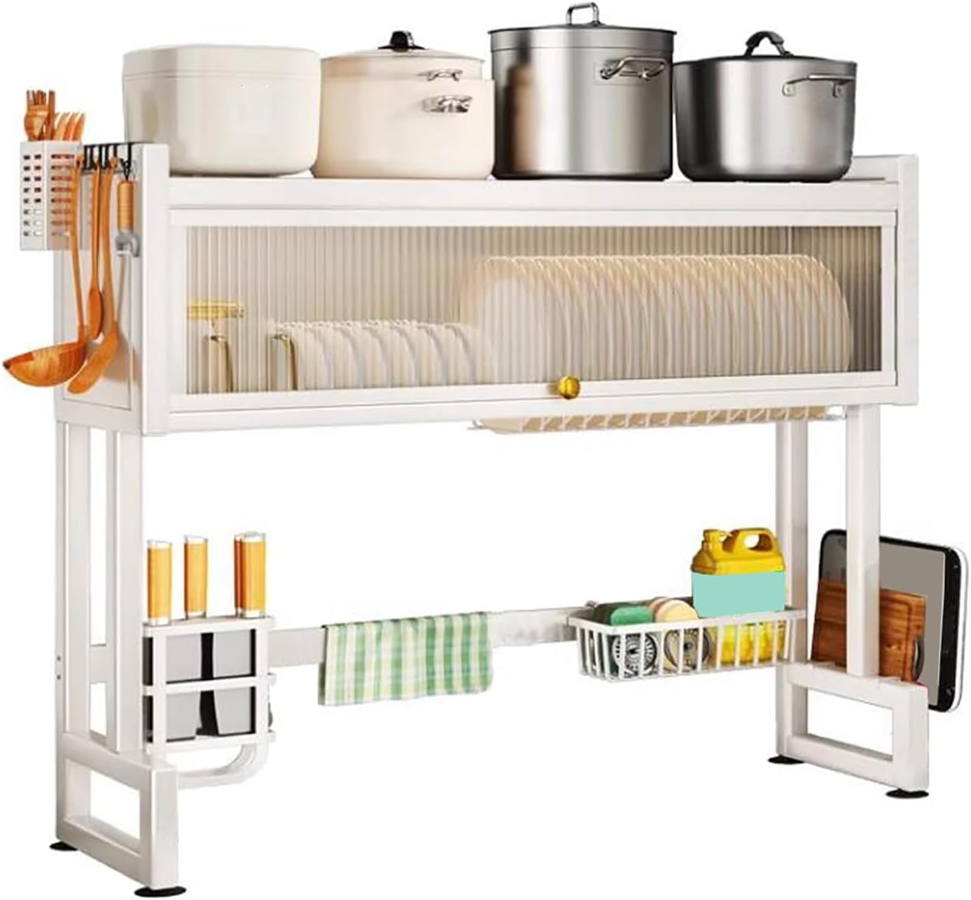 Overthe Sink Dish Rack, Over the Sink Drying Rack with Cover, Dish Drying Rack Over Sink for Bowls and Cutlery, Dish Holder Organizer for Kitchen Counter Storage (White, 25.6" Length