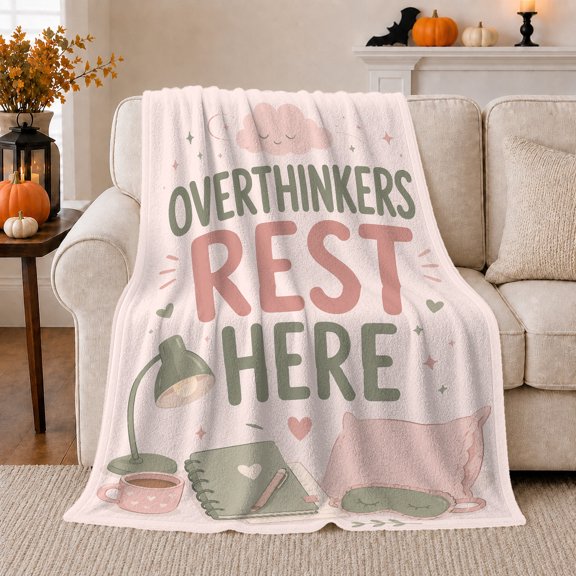 Overthinkers Rest Here Whimsical Desk Comfort Design, Cozy Friendship Quote Scene, Warm Flannel Blanket for Living Room and Reading Nook, Art Lovers Appreciation Gift, Playful Home Decor