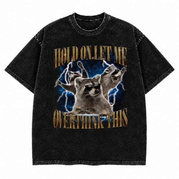 Overthinking Raccoon Graphic Washed T-Shirt, Unisex Classic Fit, Heavyweight Cotton, Front Print