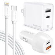 Overtime 3PC Charging Kit, Wall and Car Charger, MFI Certified Lightning to USB-C 6ft Charging Cable - White