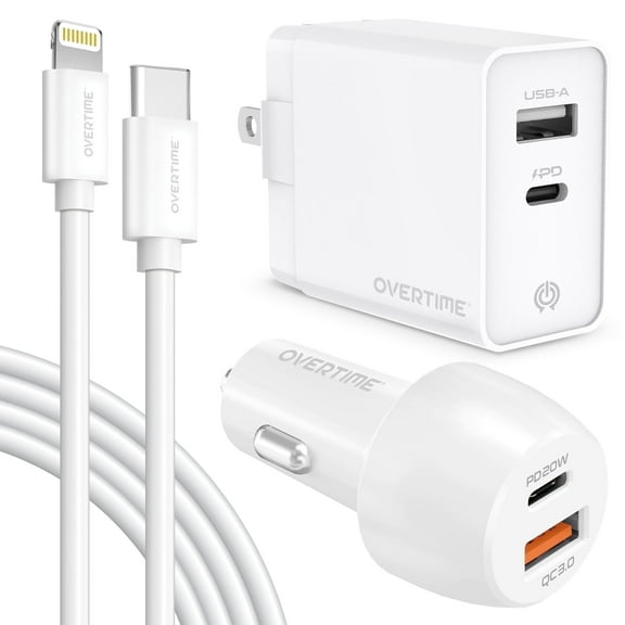 Overtime 3PC Charging Kit, Wall and Car Charger, MFI Certified Lightning to USB-C 6ft Charging Cable - White