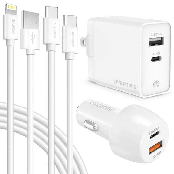 Overtime 4PC Charging Kit, Wall and Car Charger with USB Type-A to Lightning and USB Type-C to Type-C 6ft Charging Cable - White