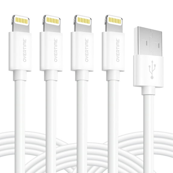 Overtime MFI Certified Lightning To USB Cable 1Ft, Phone Charger and Sync Cable - White (4 Pack)