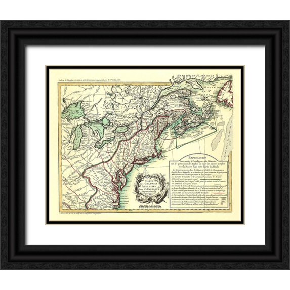 Overton 14x12 Black Ornate Wood Framed with Double Matting Museum Art Print Titled - English Colonies in North America - Overton 1756
