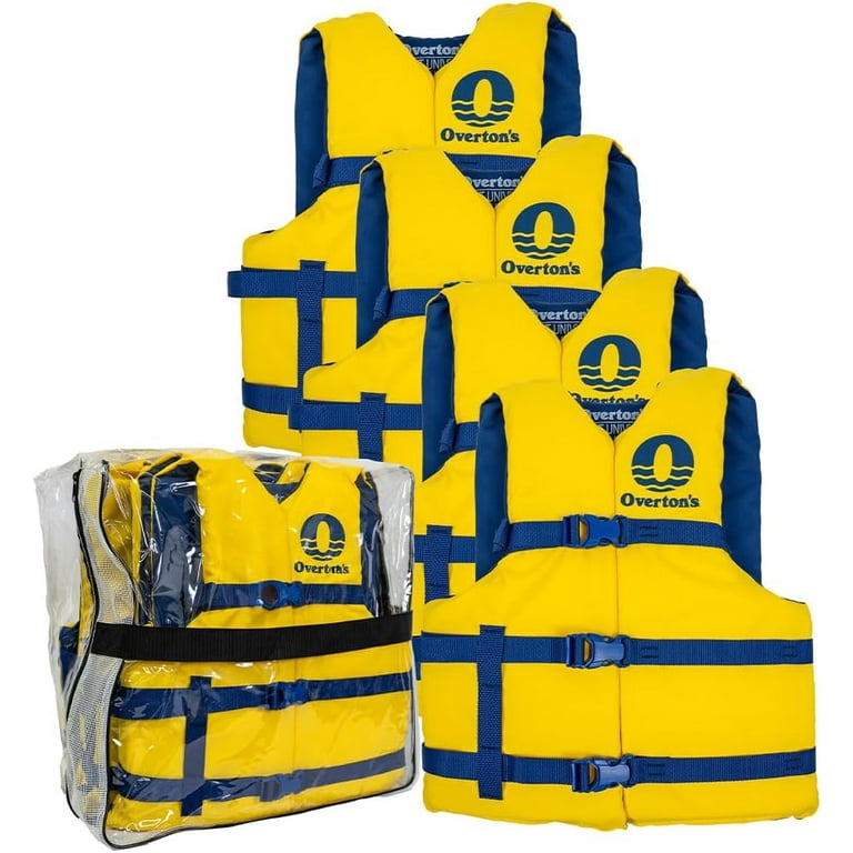 Overton s Universal Adult Life Jacket Pack of 4 Nylon Shell with Closed Cell Foam Open Sides and Sturdy Belts USCG Approved Type III Fits Chest Sizes 30 to 52