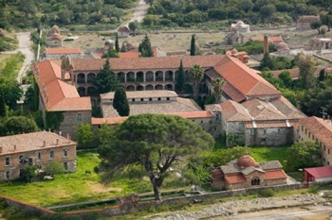 Overview of Limonos Monastery Filia Lesvos Mithymna Aegean Islands Greece Canvas Art - Walter Bibikow DanitaDelimont (28 x 19)