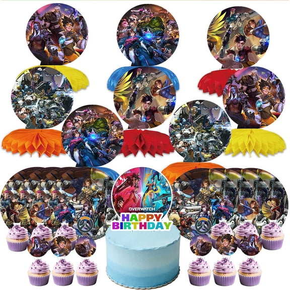 Overwatch Game Party Supplies Decor Plates Fans Decorations Honeycomb Centerpieces Cake Toppers