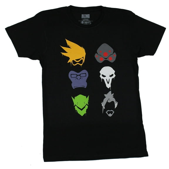 Overwatch Mens T-Shirt - Verses Spray Character Head Images (X-Large, Black)