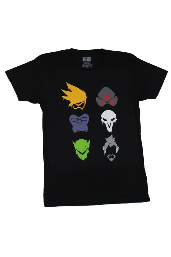 Overwatch Mens T-Shirt - Verses Spray Character Head Images (X-Large, Black)
