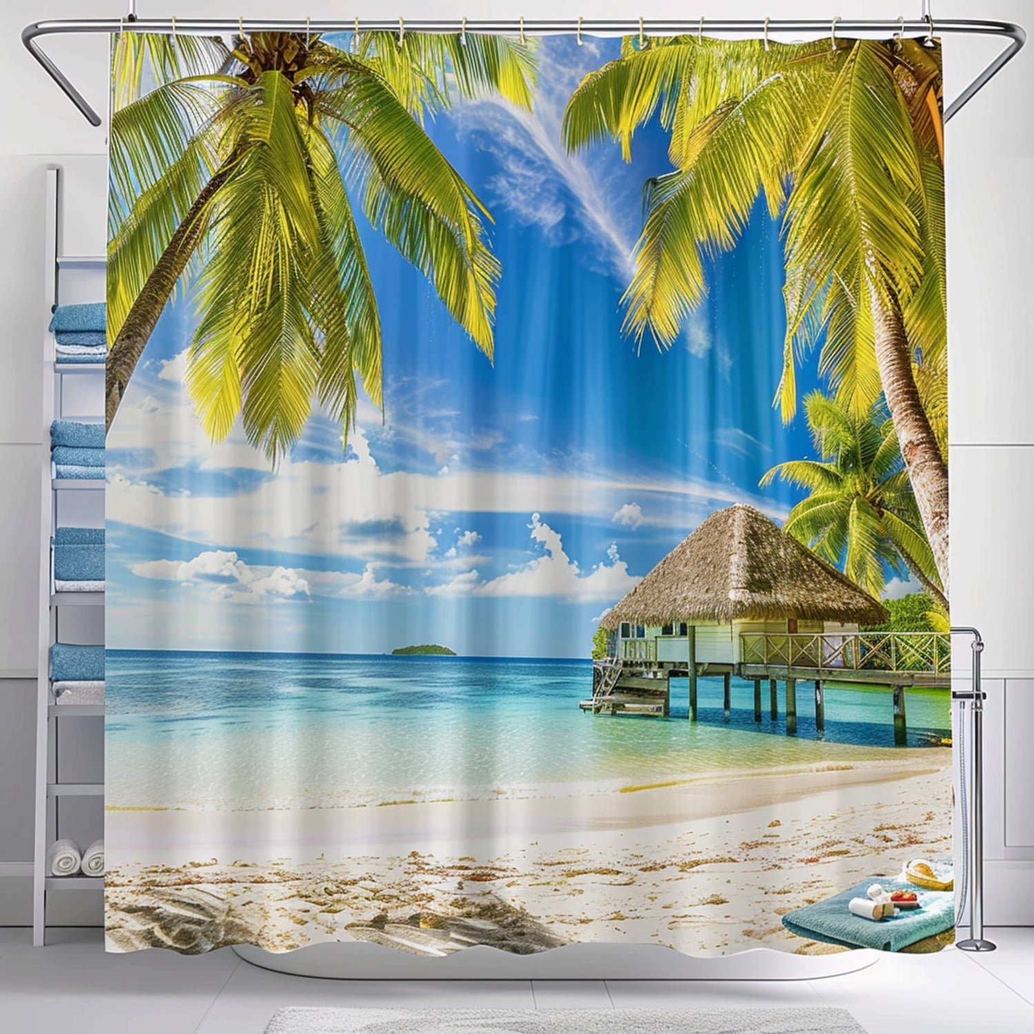 Overwater Bungalow Beach Scene Shower Curtain Tropical Escape Bathroom