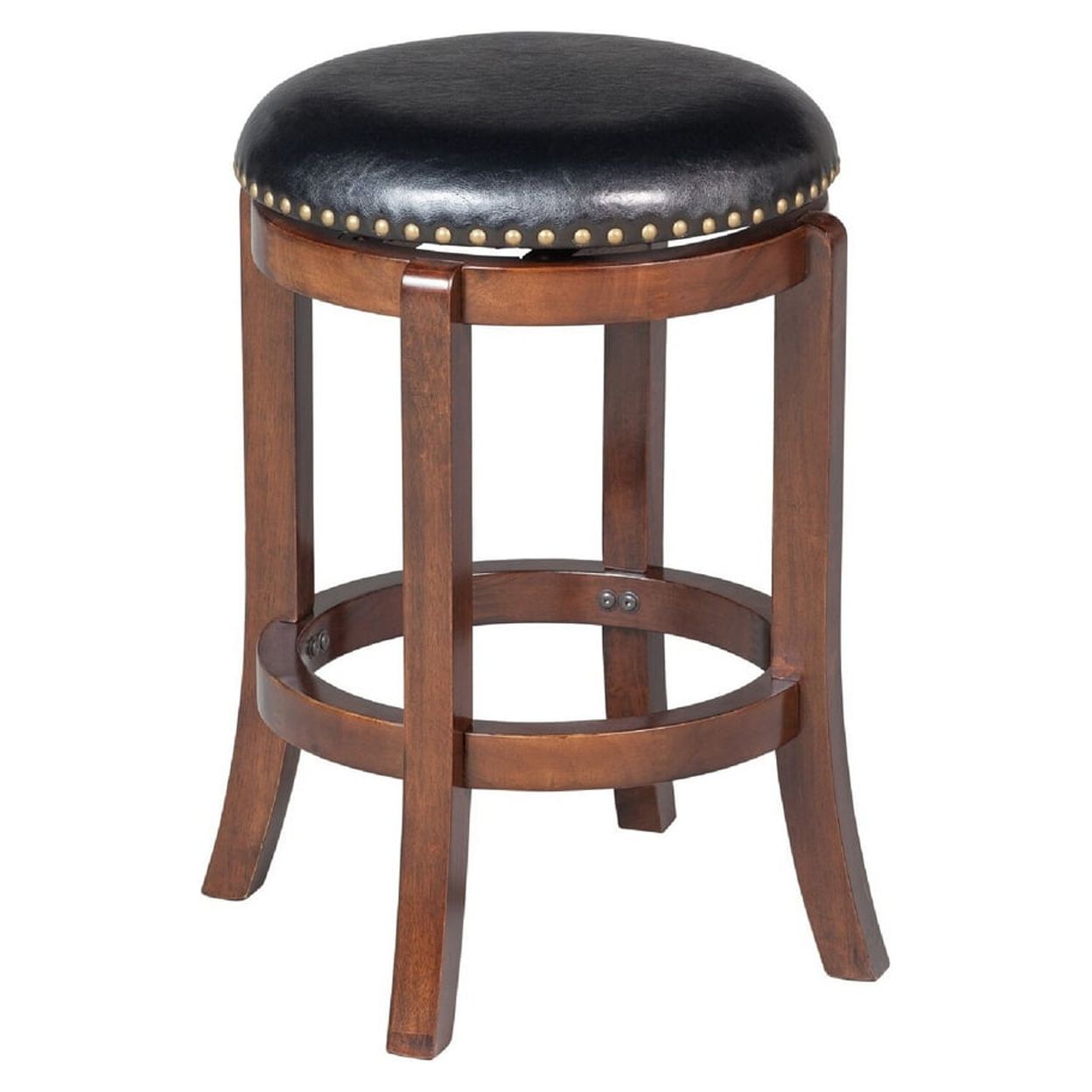 Ovi 24 Inch Wooden Swivel Counter Stool, Faux Leather Seat, Walnut