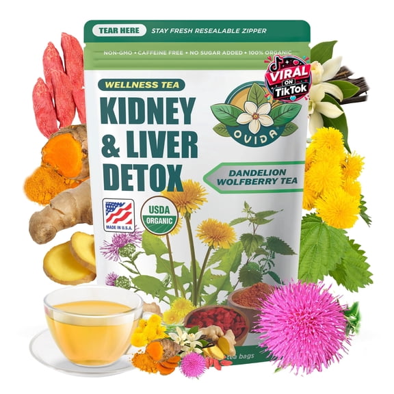 Ovida Dandelion Wolfberry Tea Natural Kidneys & Liver Health Tea, Organic Herbal Tea with Milk Thistle, Turmeric & Goji Berry, Seven Herbal Ingredients Natural Blend for Daily Wellness, 15 Tea Bags