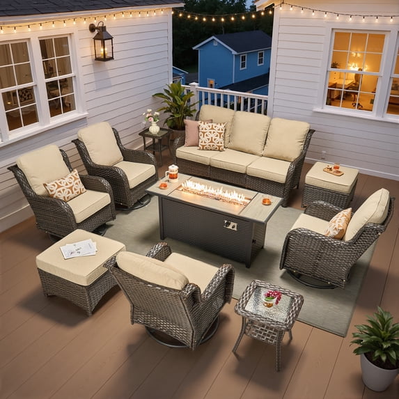 Ovios 10 Piece Outdoor Patio Furniture Set All-Weather Wicker Rattan Conversation Set with High Back Swivel Chairs & Propane Fire Pit Table, Beige