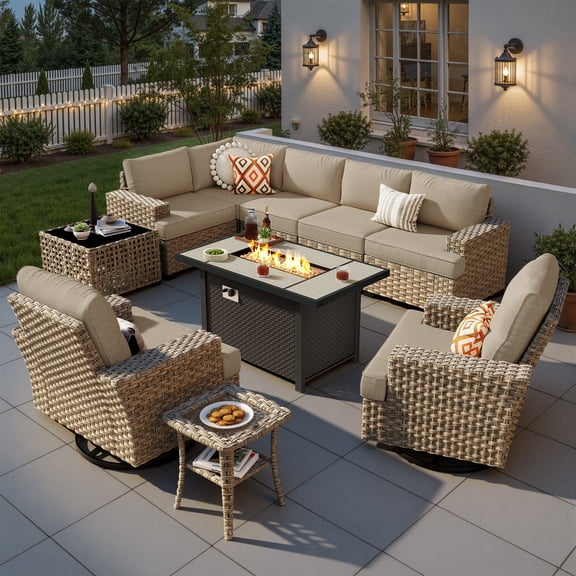 Ovios 10 Pieces Outdoor Patio Furniture Set with Fire Pit All-Weather Wicker Sectional with Swivel Chairs, Beige