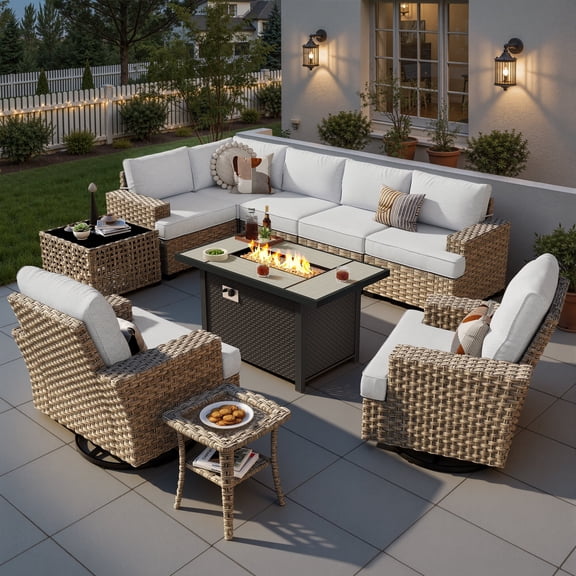 Ovios 10 Pieces Outdoor Patio Furniture Set with Fire Pit All-Weather Wicker Sectional with Swivel Chairs, Gray