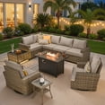 thumbnail image 1 of Ovios 10 Pieces Outdoor Patio Furniture Set with Fire Pit All-Weather Wicker Sectional with Swivel Chairs, Beige, 1 of 12