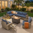 thumbnail image 1 of Ovios 10 Pieces Outdoor Patio Furniture Set with Fire Pit All-Weather Wicker Sectional with Swivel Chairs, Denim Blue, 1 of 12
