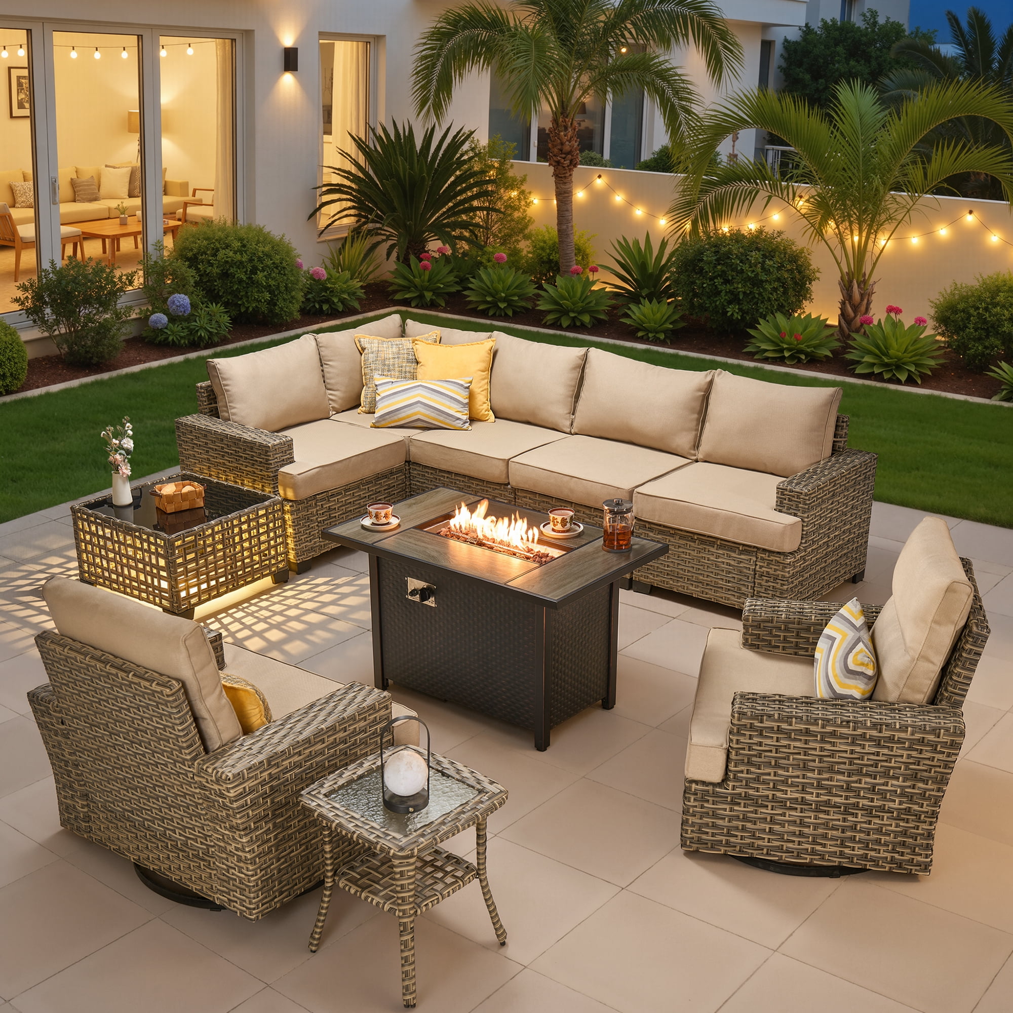Ovios 10 Pieces All Weather Wicker Outdoor Patio Set with Fire Pit