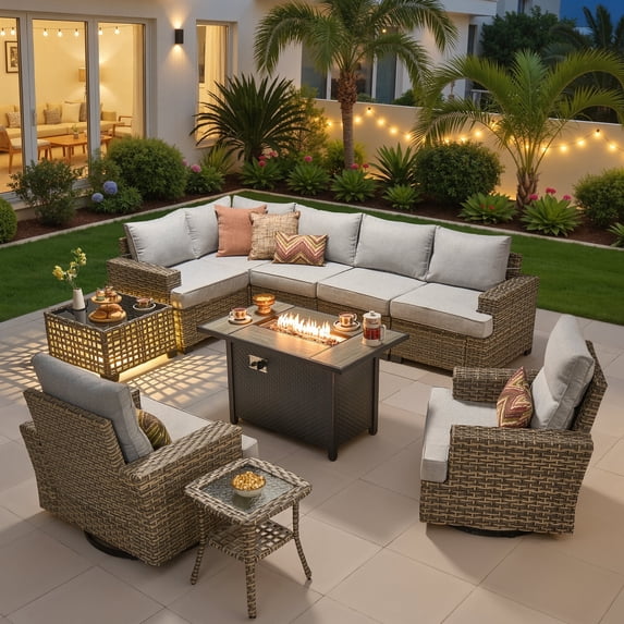 Ovios 10 Pieces Outdoor Patio Furniture Set with Fire Pit All-Weather Wicker Sectional with Swivel Chairs, Gray