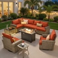 thumbnail image 1 of Ovios 10 Pieces Outdoor Patio Furniture Set with Fire Pit All-Weather Wicker Sectional with Swivel Chairs, Orange Red, 1 of 12