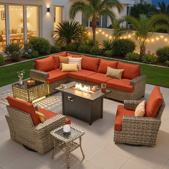 Ovios 10 Pieces Outdoor Patio Furniture Set with Fire Pit All-Weather Wicker Sectional with Swivel Chairs, Orange Red