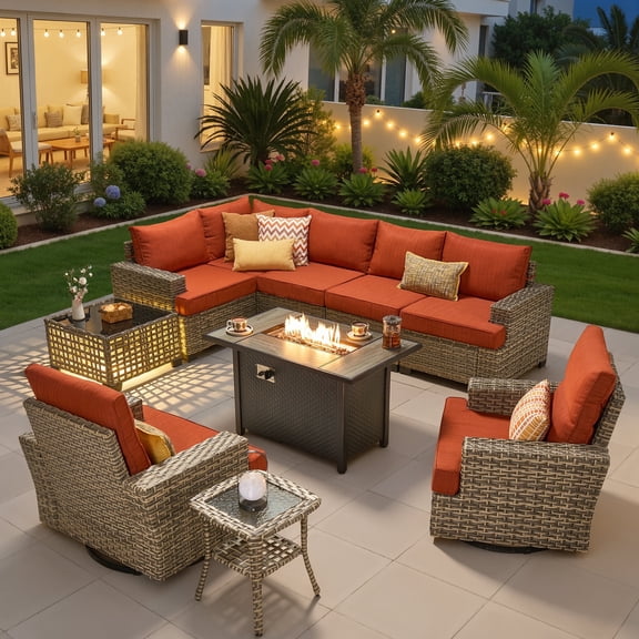Ovios 10 Pieces Outdoor Patio Furniture Set with Fire Pit All-Weather Wicker Sectional with Swivel Chairs, Orange Red