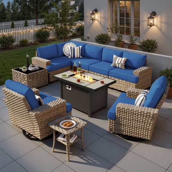 Ovios 10 Pieces Outdoor Patio Furniture Set with Fire Pit All-Weather Wicker Sectional with Swivel Chairs, Navy Blue