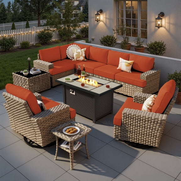Ovios 10 Pieces Outdoor Patio Furniture Set with Fire Pit All-Weather Wicker Sectional with Swivel Chairs, Orange Red