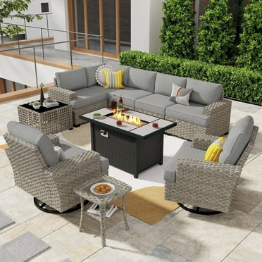 Ovios 10 Pieces Patio Furniture Set with Fire Pit Table, High-Back All-Weather Wicker Outdoor Sectional Conversation Set with Swivel Chair, Solar-Powered Coffee Table, Dark Gray