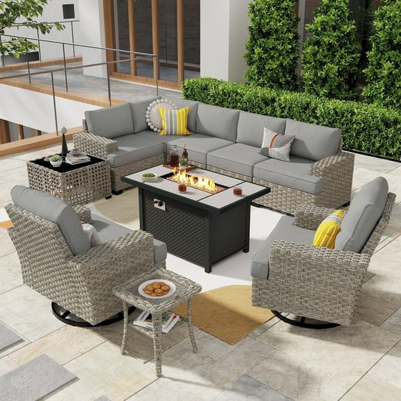 Ovios 10 Pieces Outdoor Patio Furniture Modern High-Back All-Weather Wicker Sectional Conversation Set with Propane Fire Pit Table & Swivel Chair, Dark Gray