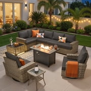 Ovios 10 Pieces Outdoor Patio Furniture Set with Fire Pit All-Weather Wicker Sectional with Swivel Chairs, Black