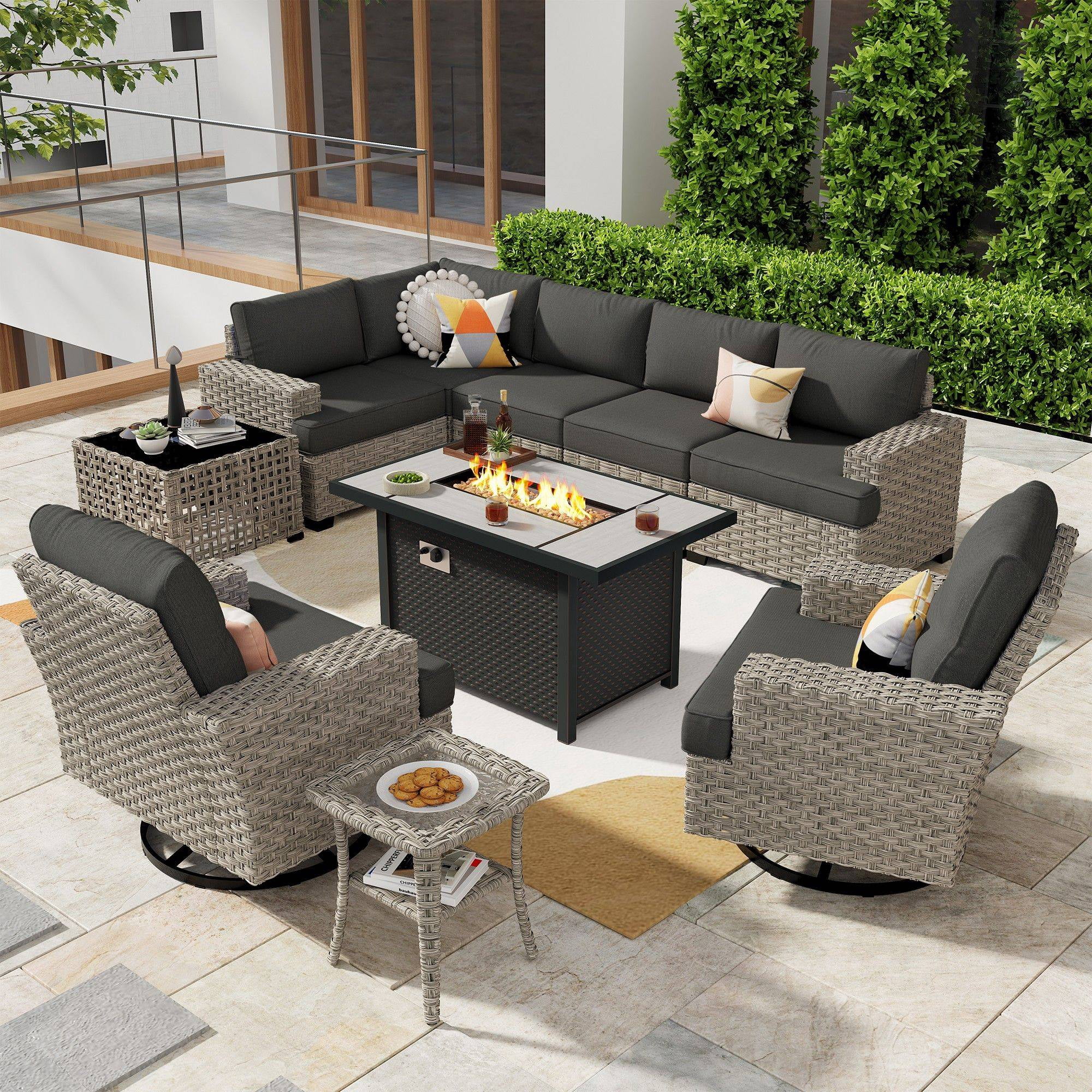 Ovios 10 Pieces Outdoor Patio Furniture with Gas Propane Fire Pit Table ...