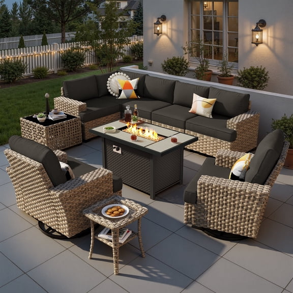 Ovios 10 Pieces Outdoor Patio Furniture Set with Fire Pit All-Weather Wicker Sectional with Swivel Chairs, Black