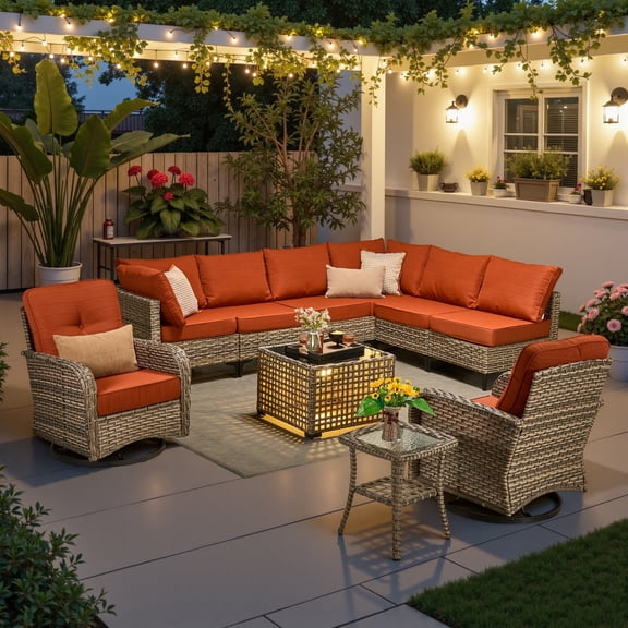 Ovios 10 Pieces Outdoor Patio Furniture All-Weather Wicker Sectional Conversation Set with Swivel Chairs & Solar Coffee Table, Orange Red
