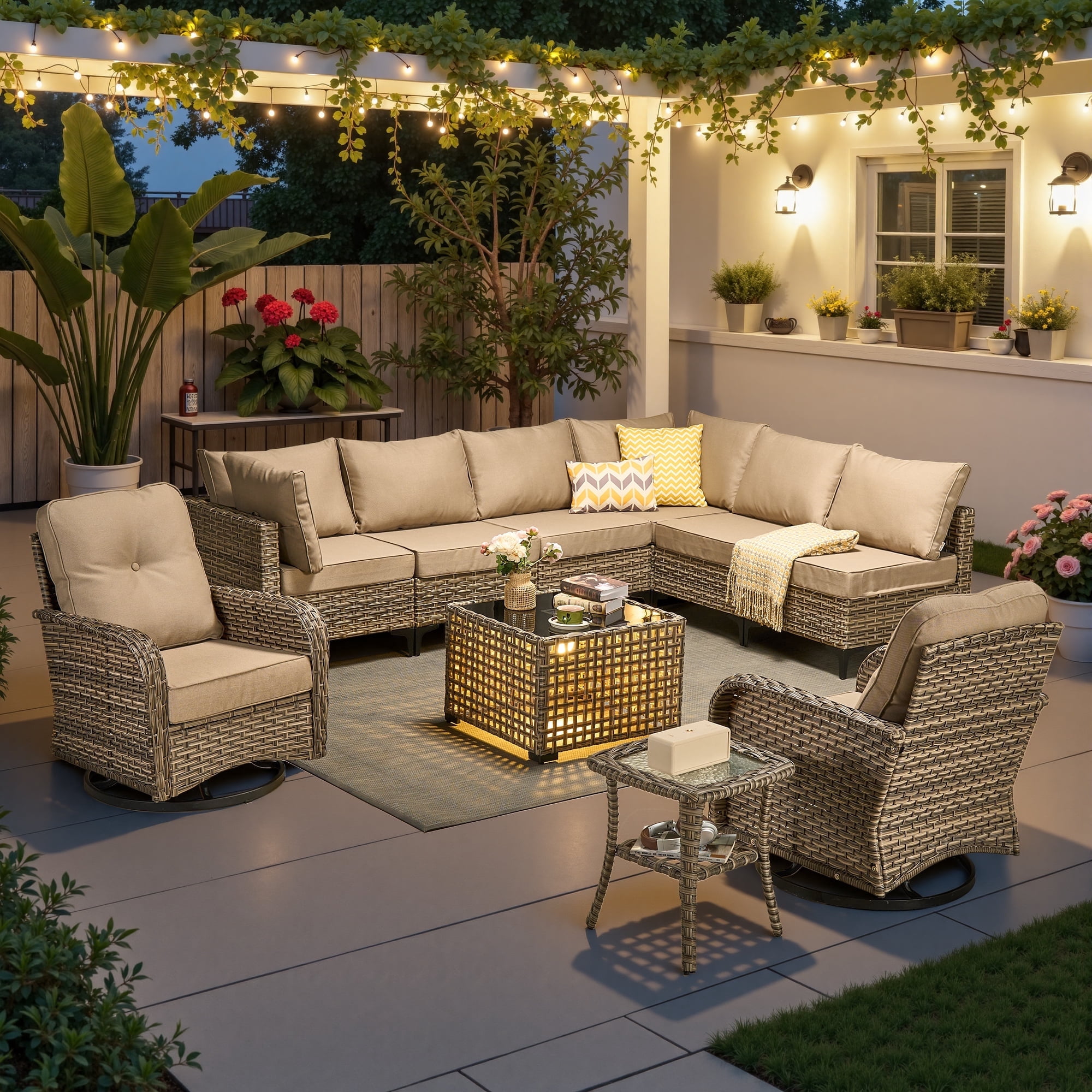 Ovios 10 Pieces Outdoor Patio Furniture All-Weather Wicker Sectional Conversation Set with Swivel Chairs & Solar Coffee Table, Beige