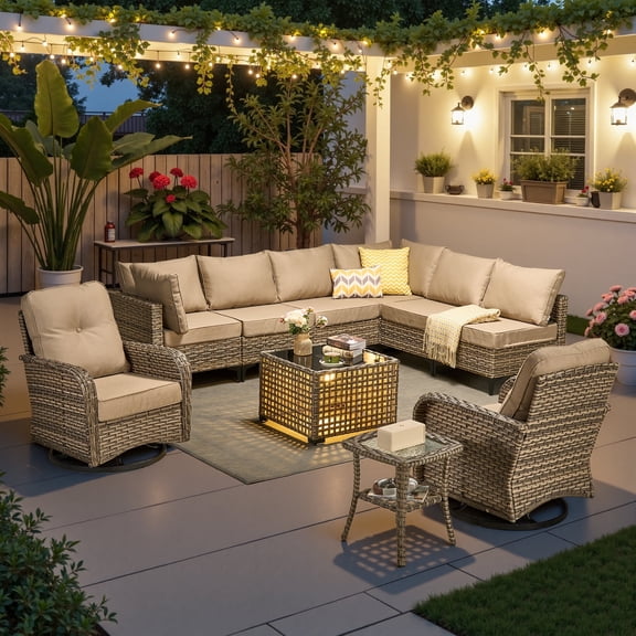 Ovios 10 Pieces Outdoor Patio Furniture All-Weather Wicker Sectional Conversation Set with Swivel Chairs & Solar Coffee Table, Beige