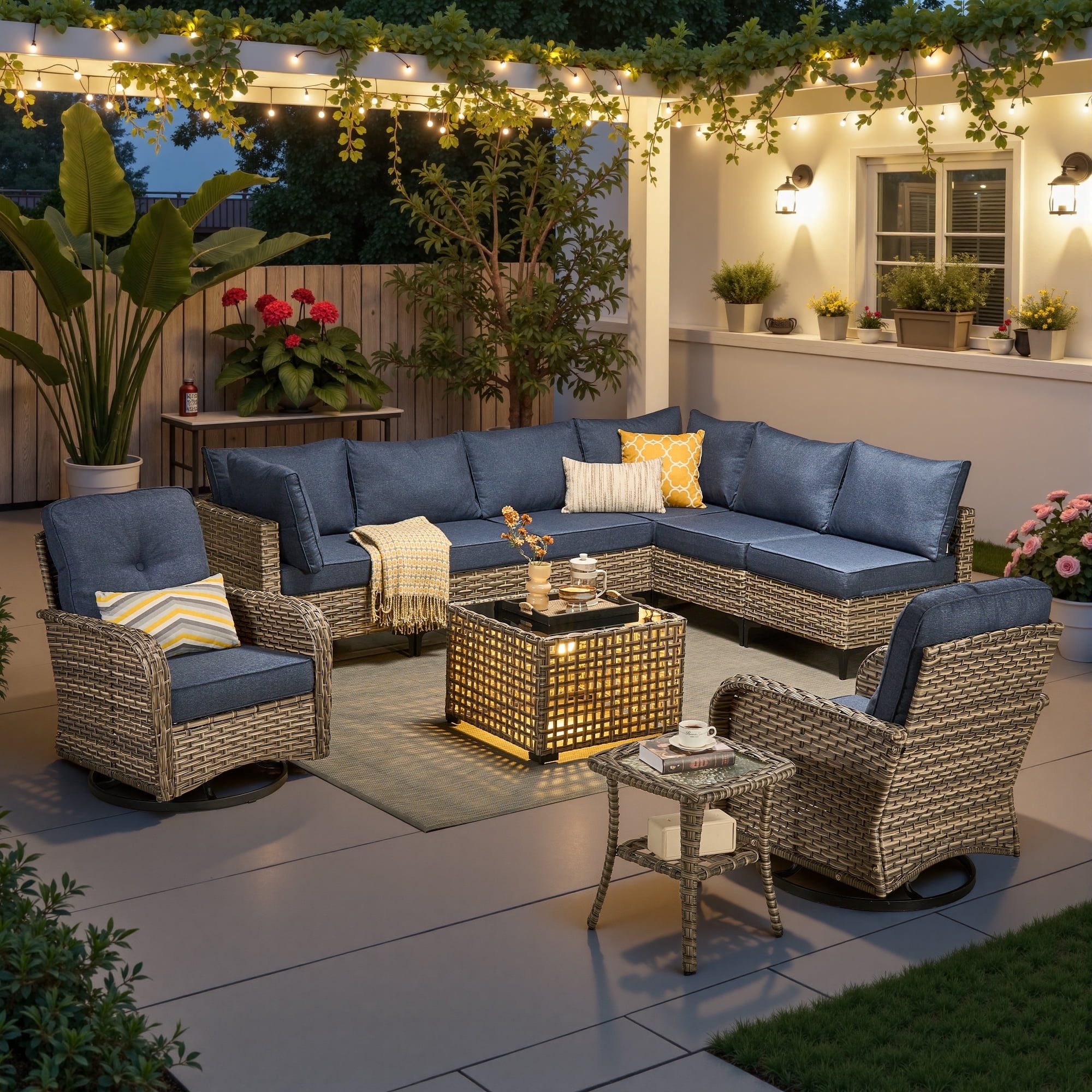 Ovios 10 Pieces Outdoor Patio Furniture All-Weather Wicker Sectional Conversation Set with Swivel Chairs & Solar Coffee Table, Denim Blue