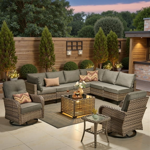 Ovios 10 Pieces Outdoor Patio Furniture All-Weather Wicker Sectional Conversation Set with Swivel Chairs & Solar Coffee Table, Dark Gray