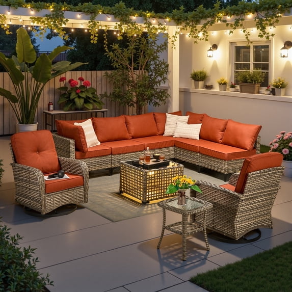 Ovios 10 Pieces Outdoor Patio Furniture All-Weather Wicker Sectional Conversation Set with Swivel Chairs & Solar Coffee Table, Orange Red
